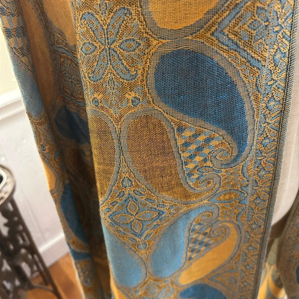 Vintage Oversized Pashmina Wrap Scarf Teal Gold Paisley Fringe Shawl